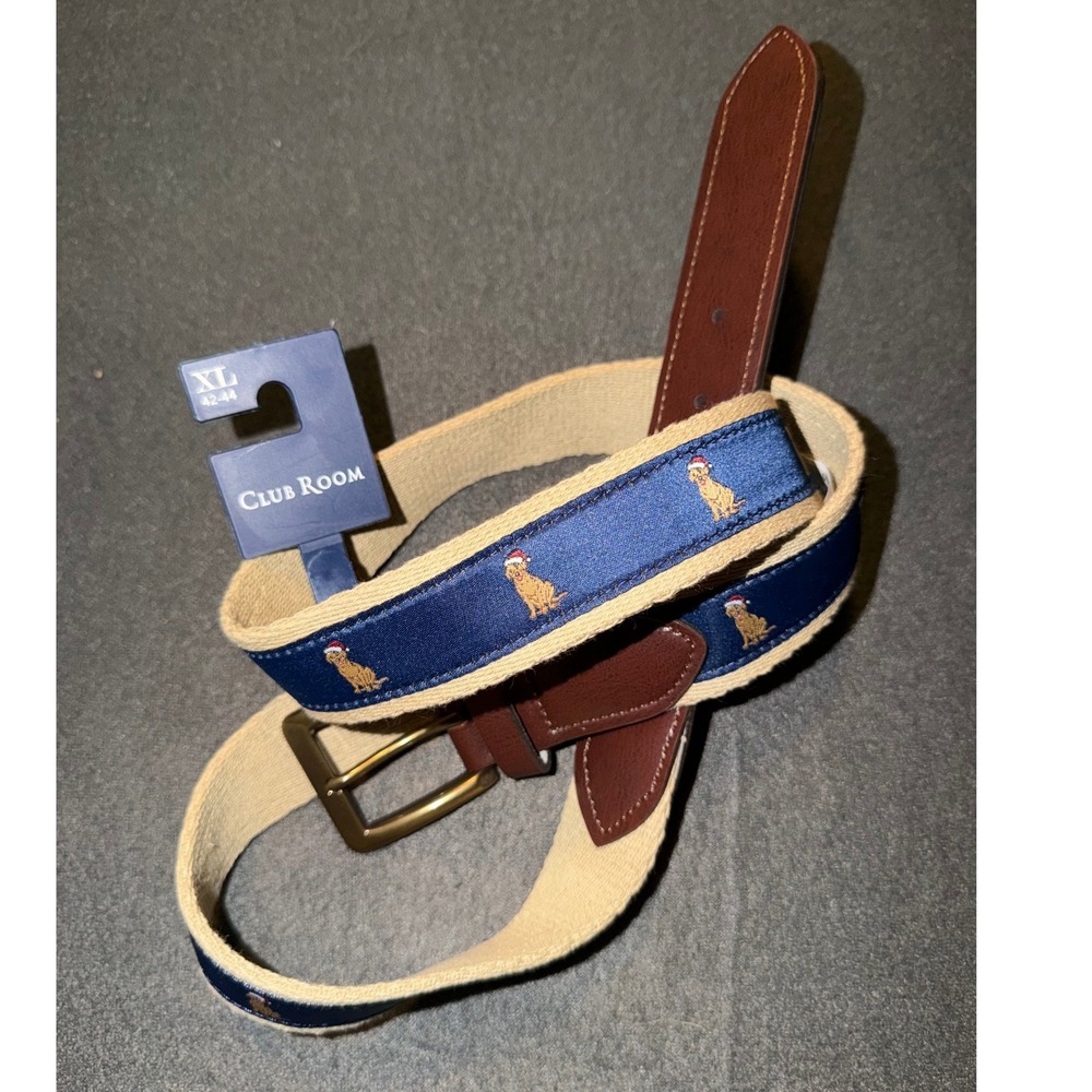 Club Room Mens XL 42-44 Christmas Golden Retriever Ribbon Belt Navy Tan New - Picture 4 of 4